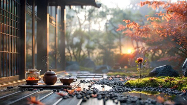 写真 禅園で静かな朝の茶