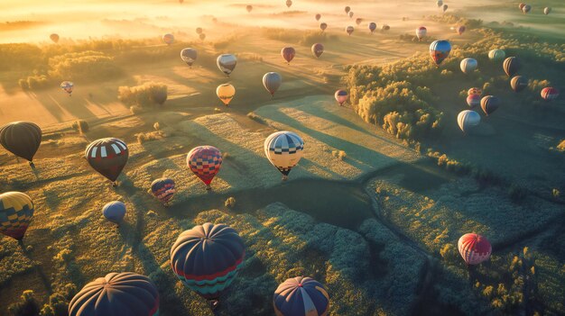 A peaceful morning view of colorful hot air balloons floating above a green meadow