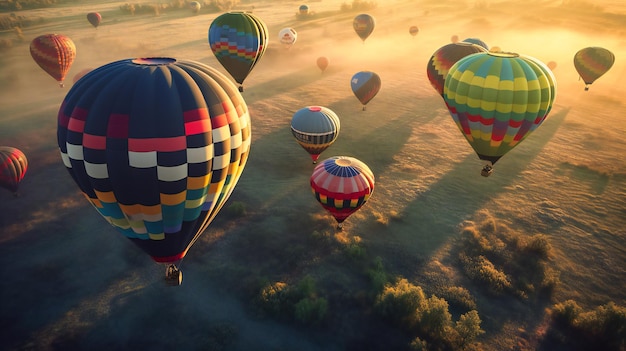 A peaceful morning view of colorful hot air balloons floating above a green meadow