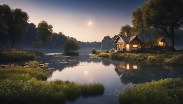 A peaceful natural lakeside scene in countryside with starlit night sky and a meandering river