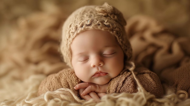Peaceful newborn sleeping with knitted hat on a soft blanket