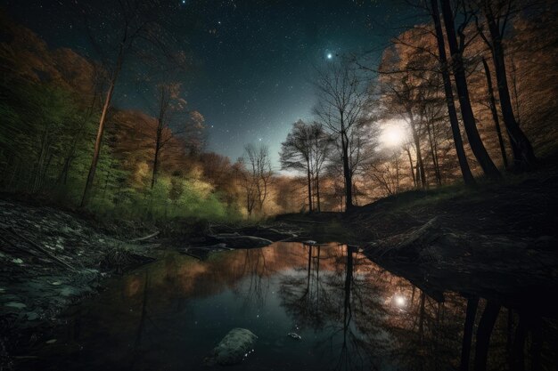 Photo peaceful night in forest with moon and stars shining above created with generative ai