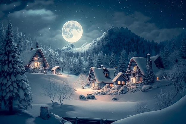 Photo peaceful night village in winter snow generative ai