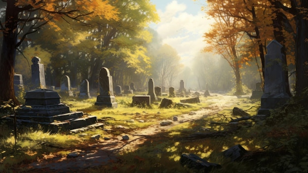 Мирное старое кладбище с мягкими тенями