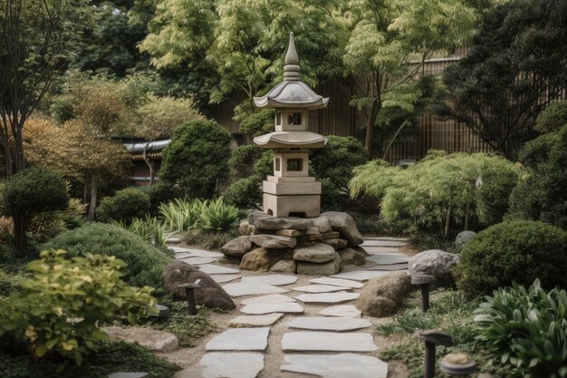 Peaceful pagoda garden with carefully placed stones lanterns and foliage created with generative ai