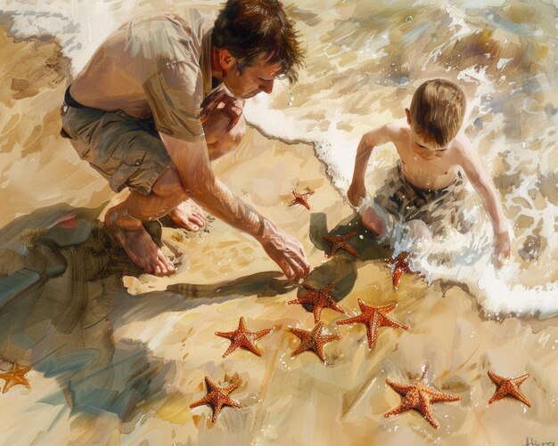 A peaceful painting depicting a man and a boy playing in the sand together