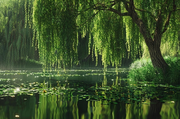 A peaceful pond surrounded by weeping willows