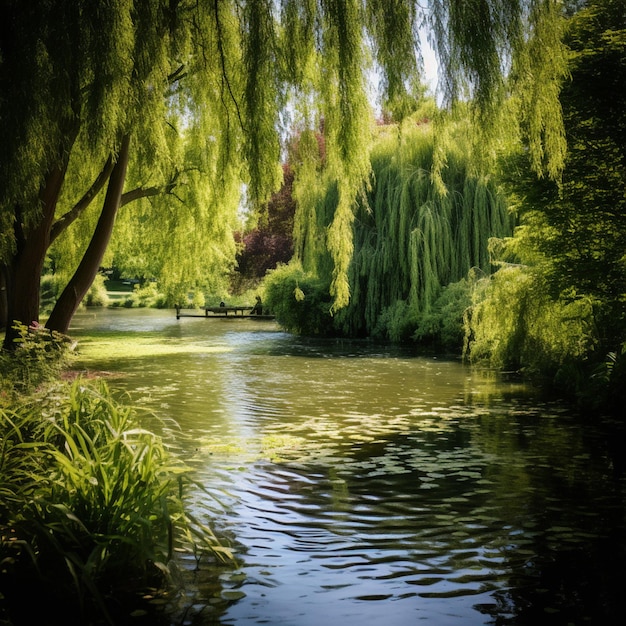 A peaceful pond surrounded by weeping willows