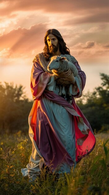 Peaceful portrayal of a shepherd with a sheep against a vivid sunset