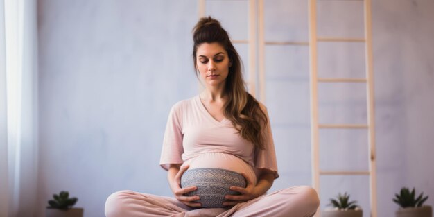 Peaceful pregnant woman in a seated stance embracing her belly