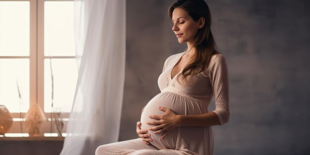 Peaceful pregnant woman in a seated stance embracing her belly