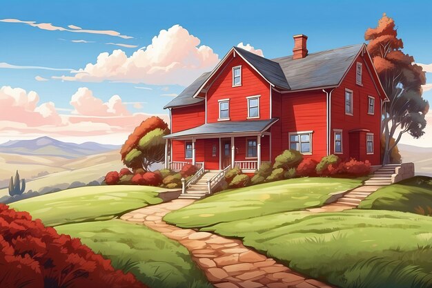 Photo peaceful red house in rolling hills