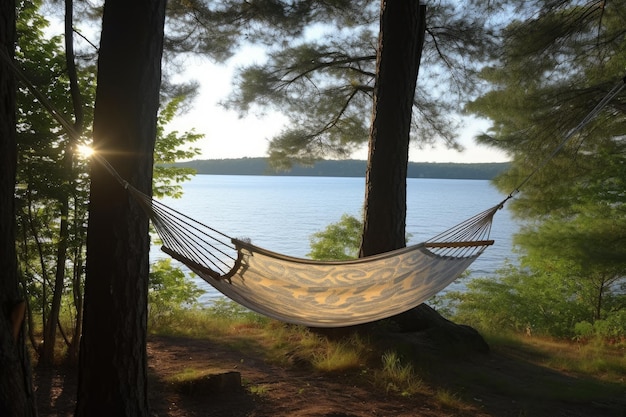 Peaceful and relaxing hammock hanging between two trees by the water Generative AI