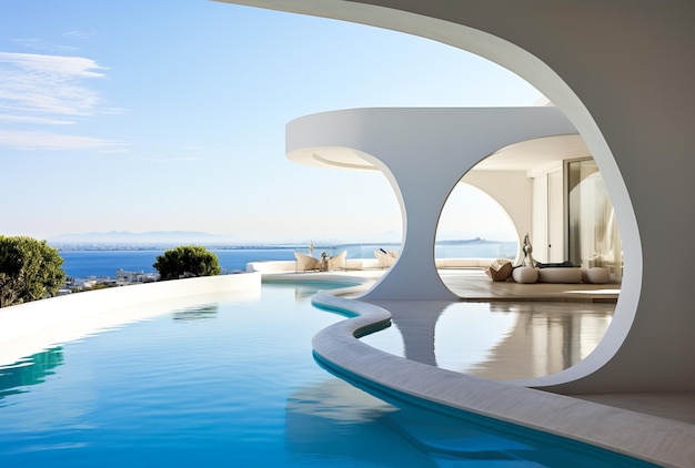 A peaceful retreat featuring smooth architectural lines and scenic sea panoramas This white patio