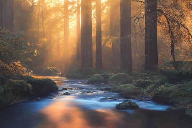 レッドウッドの森を流れる静かな川、秋の朝の光とまだらの太陽の光