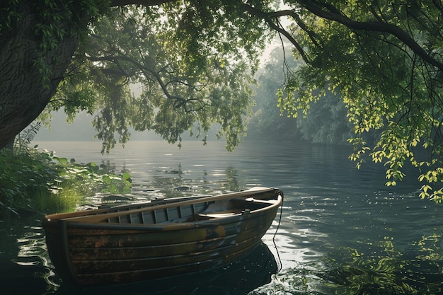 A peaceful river scene with a small boat