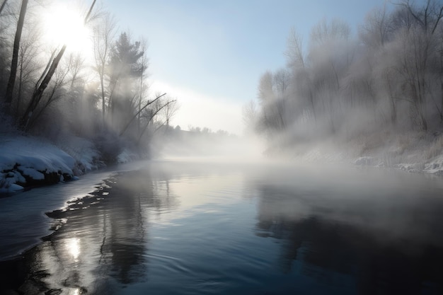 Peaceful river with smooth glassy ice and steam rising from the water