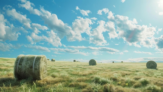 Peaceful rural landscape featuring round hay bales under a vast blue sky with clouds