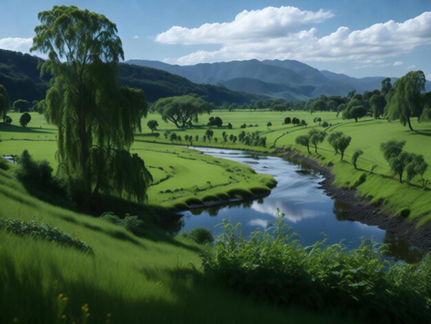 Мирная сцена травянистого луга, окруженного рекой с множеством деревьев