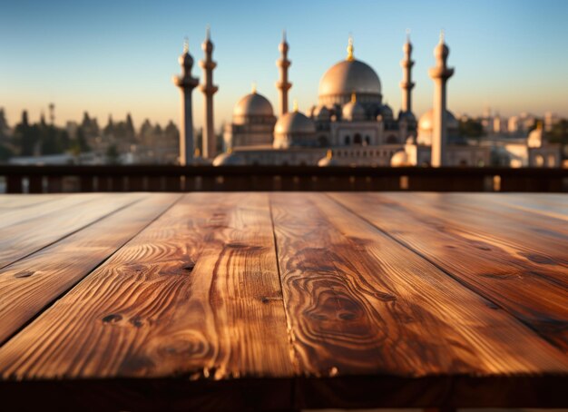 Peaceful scene of a mosque on a wooden table ramadan and eid wallpaper