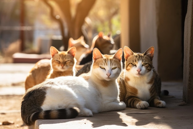 Peaceful scene with many cats lying in the sun and looking at you created with generative ai