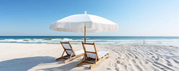 잔잔한 바다가 내려다보이는 해변 의자 2개와 파라솔이 있는 평화로운 장면
