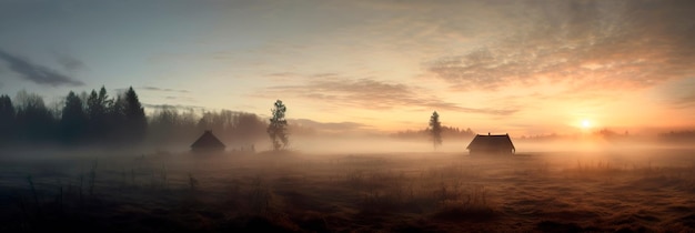 Мирные сцены, где пейзажи скрыты в утреннем тумане и тумане Генеративный ИИ