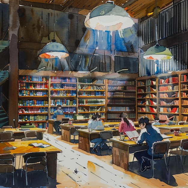 a peaceful school library with students studying for exams