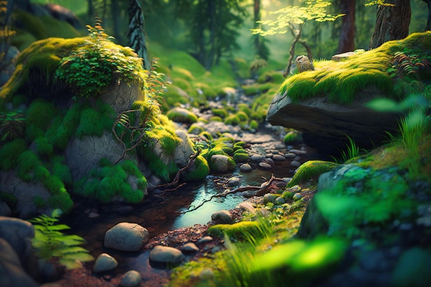 A peaceful and secluded green forest scene