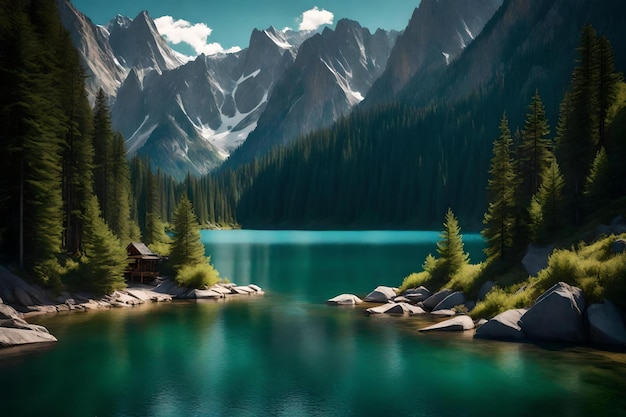 A peaceful and secluded mountain lake surrounded by towering cliffs and evergreen forests