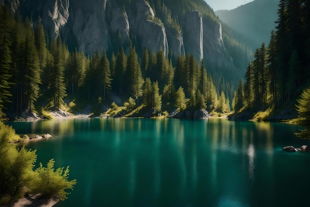 A peaceful and secluded mountain lake surrounded by towering cliffs and evergreen forests