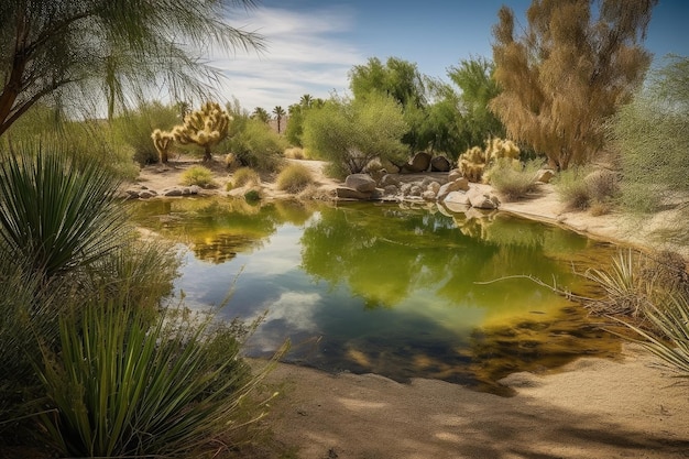 Photo peaceful and serene desert oasis surrounded by the sounds of nature created with generative ai