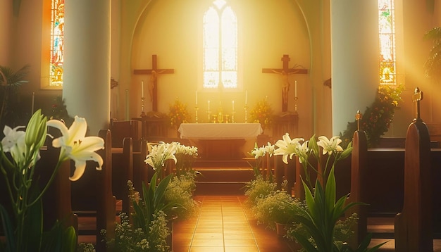 Foto a peaceful setting of a church with open doors