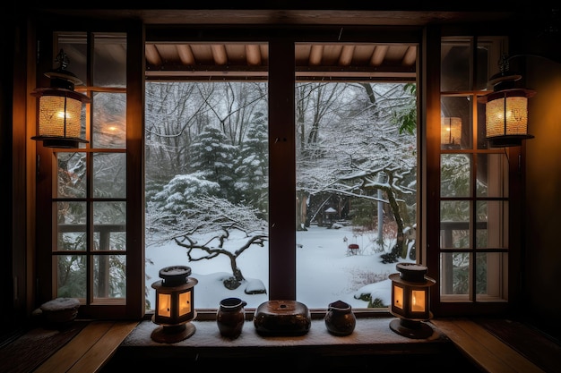 Peaceful setting with lanterns shining through snow on the window