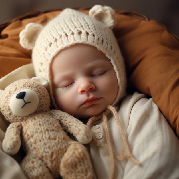 10일 된 아기의 평화로운 수면은 집 침대에 인공지능으로 생성되었습니다.