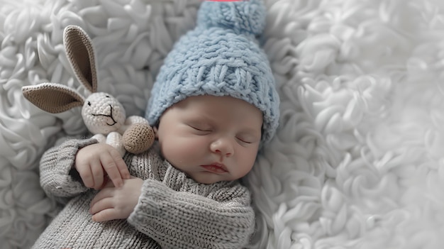 ゆっくりと眠る新生児 織り物とウサギのおもちゃ 無邪気さと子供時代の快適さのコンセプト 家族と育児のテーマに最適なAI