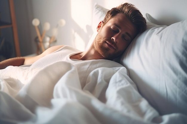 Peaceful slumber attractive man finds comfort in white bedding