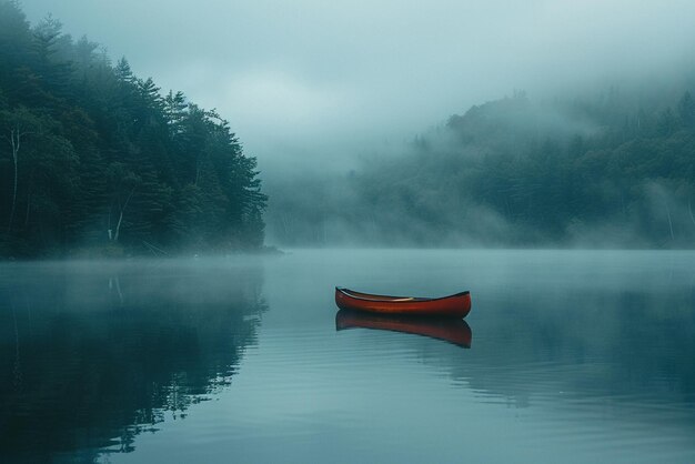 Foto la pacifica solitudine di una canoa su un lago nebbioso all'alba