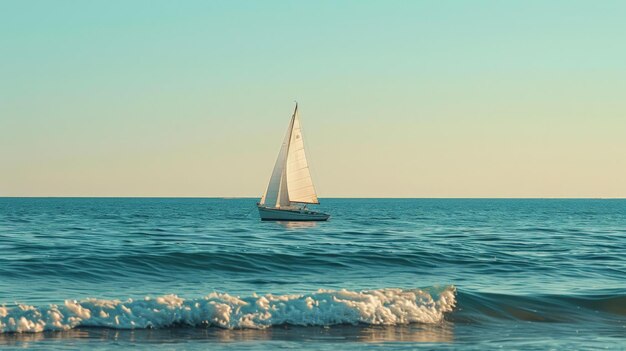 Photo the peaceful solitude of a lone sailboat on the horizon its sails billowing as it rides the gentle undulations of the oceans waves