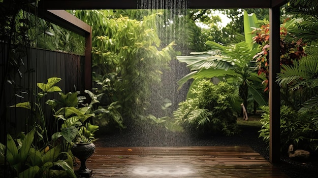 Peaceful and soothing rain shower descends upon a garden each raindrop contributing to the symphony of serenity and fostering a connection to the peaceful rhythms of the earth Generated by AI