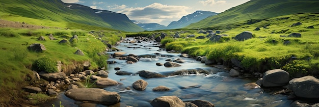 Peaceful Stream Flowing Through Norwegian Green Mountain Landscape Nordic Hiking Trail Along