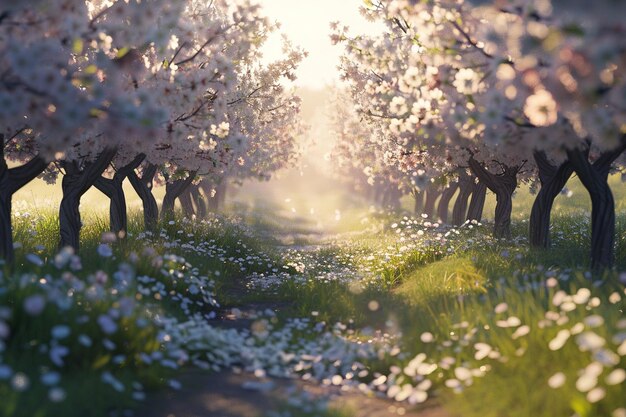 く桜の樹木の中を静かに散歩する