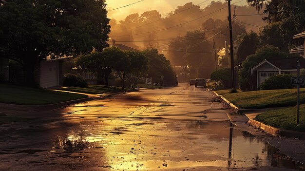 Peaceful suburban street after rain at golden hour