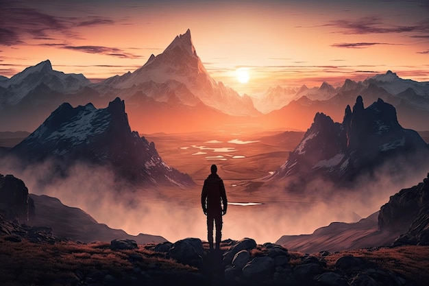 Peaceful sunrise over mountain range with man visible on peak