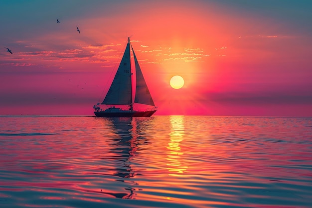 A peaceful sunset over the ocean with warm colors and a calm reflection