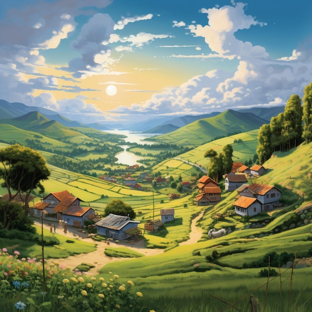 A peaceful village nestled amidst rolling hills