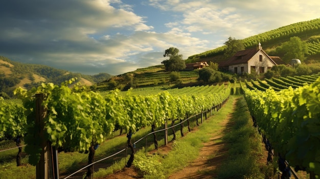 Photo a peaceful vineyard with neat rows of grapevines and a charming winery photorealistic hd 4k