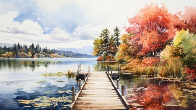 A peaceful watercolor of a lakeside with a dock and trees AI Generative