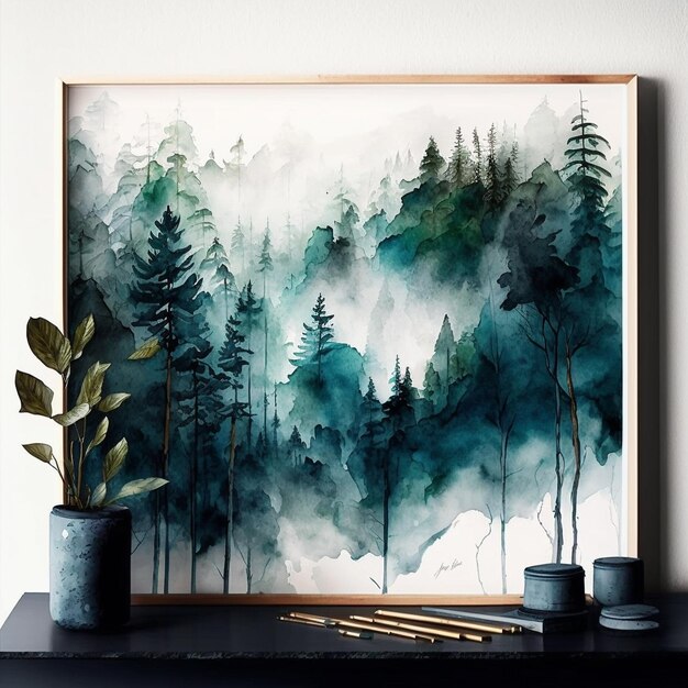 A peaceful watercolor landscape panting surrounded by mountains and trees AI Generated