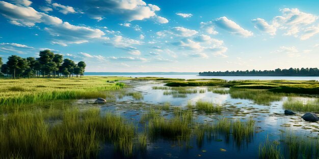 Photo peaceful wetland landscape with a serene marsh gentle cattails swaying in the breeze and the calming reflections in the still water generative ai